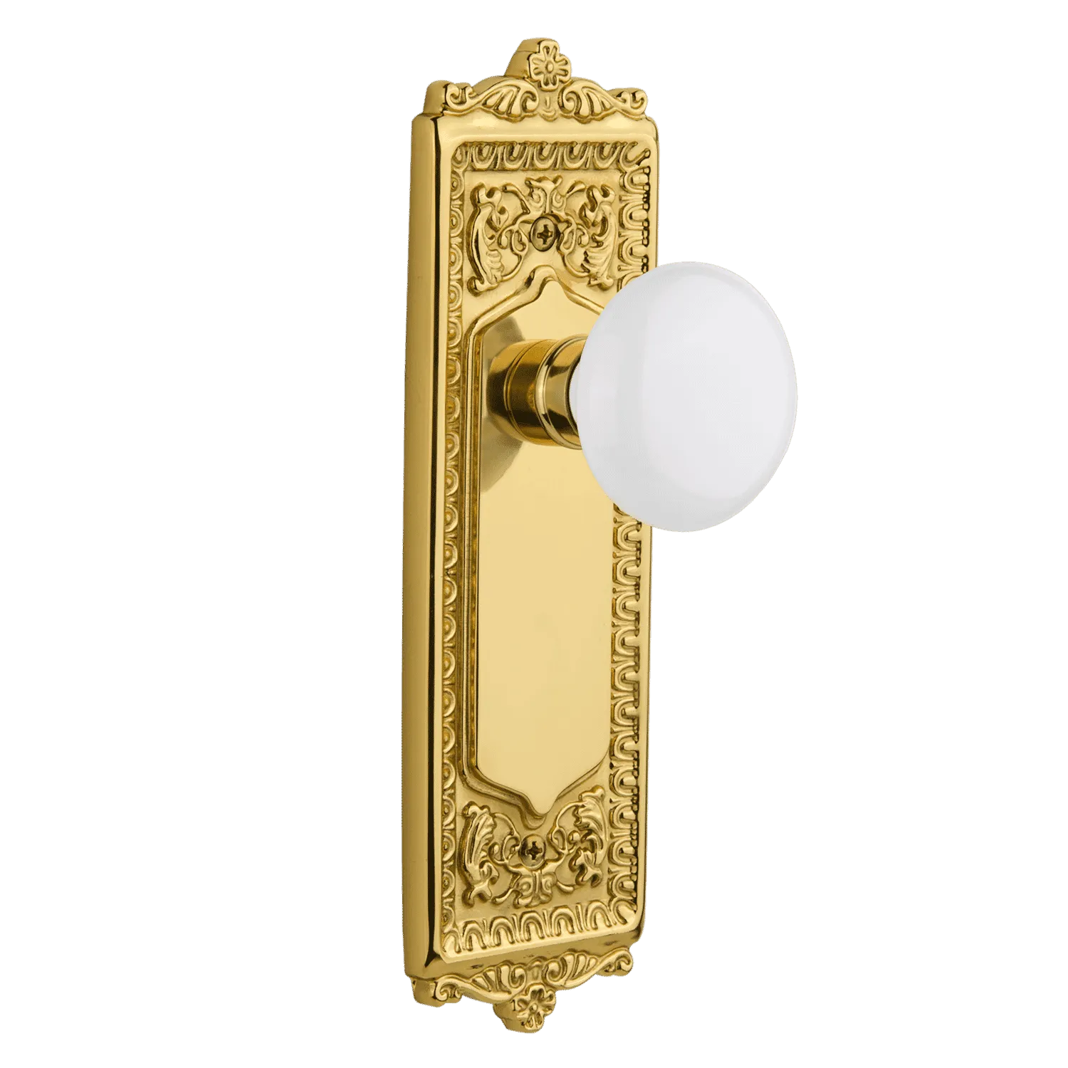 Egg & Dart Long Plate with White Porcelain Knob in Polished Brass