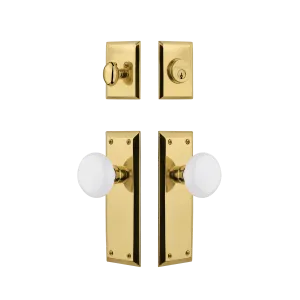 New York Entry Set with White Porcelain Knob in Unlacquered Brass